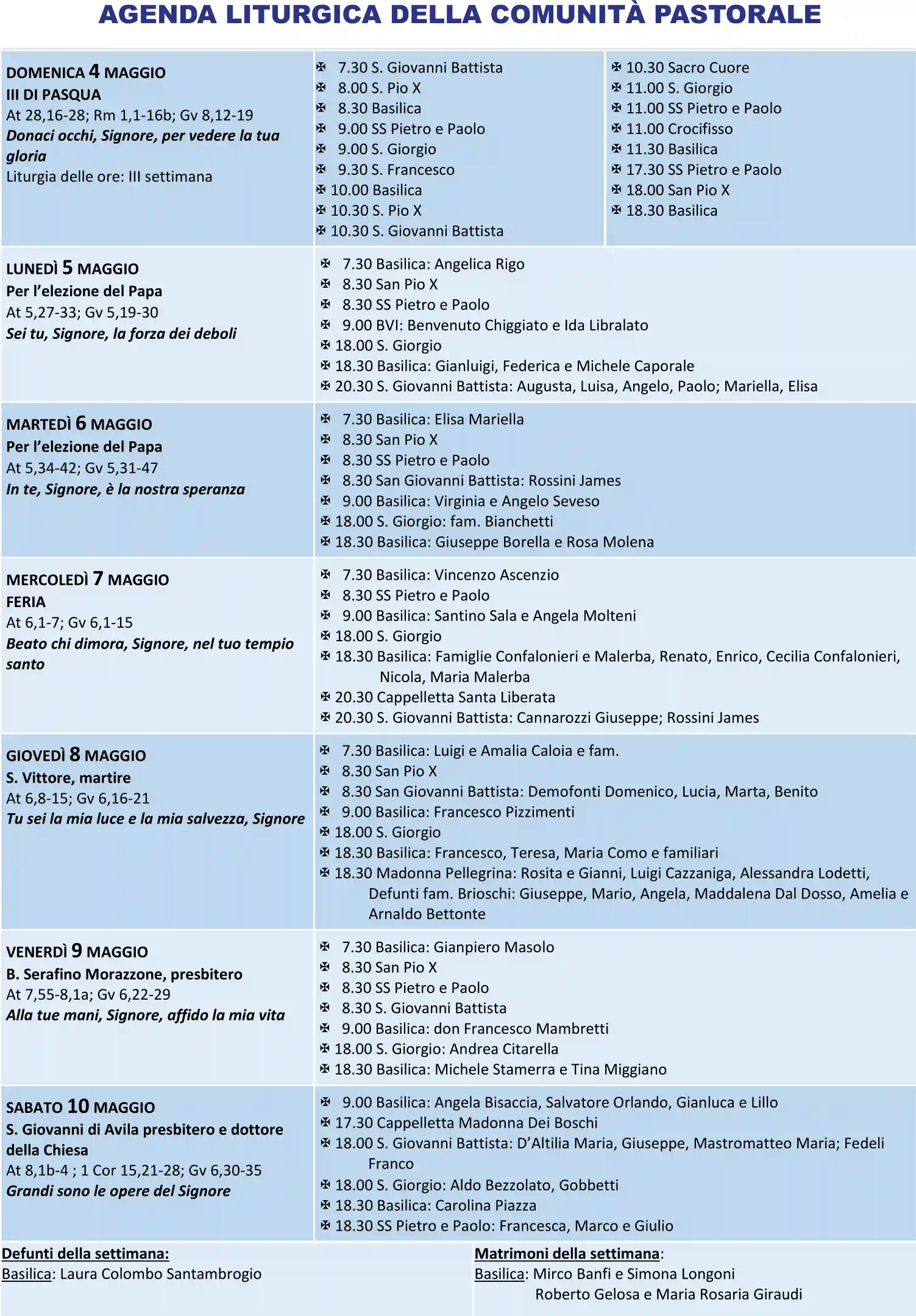 Sante Messe 4-10 maggio 2025